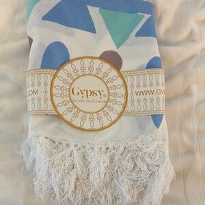 Gypsy Boho Beach Roundie Blanket in White with Blue & Mint Accents